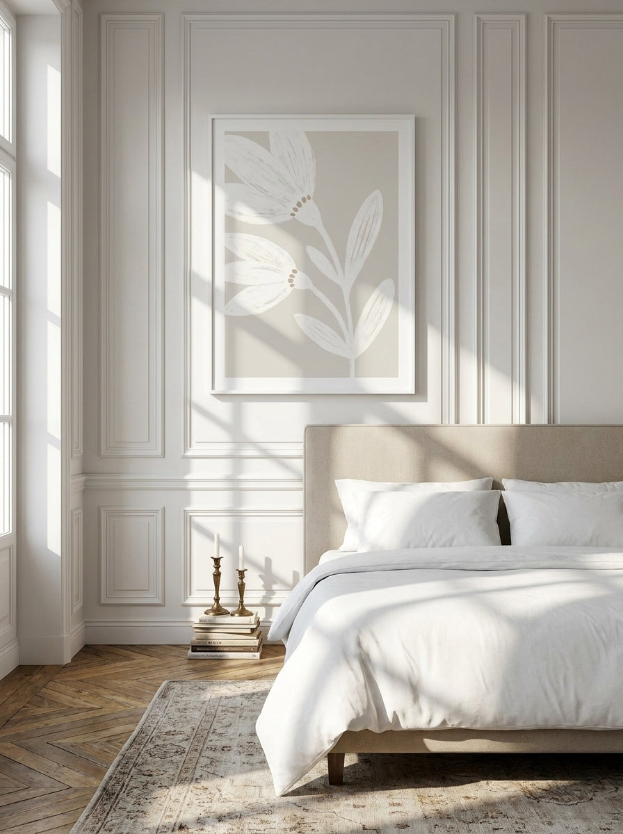 Modern wall art print styled on the wall in a Parisian bedroom