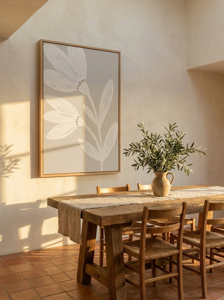 Oversized statement modern wall art print styled on the wall in a Mediterranean dining room