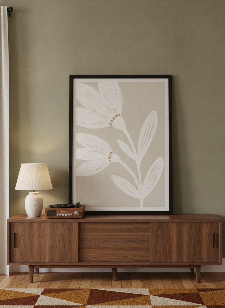 Modern wall art print standing on a sideboard in a mid-century home office