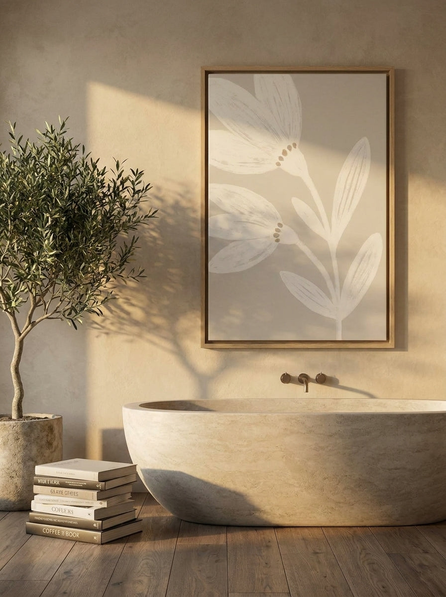 Canvas wall art with a natural timber surround styled on the wall in a luxe bathroom