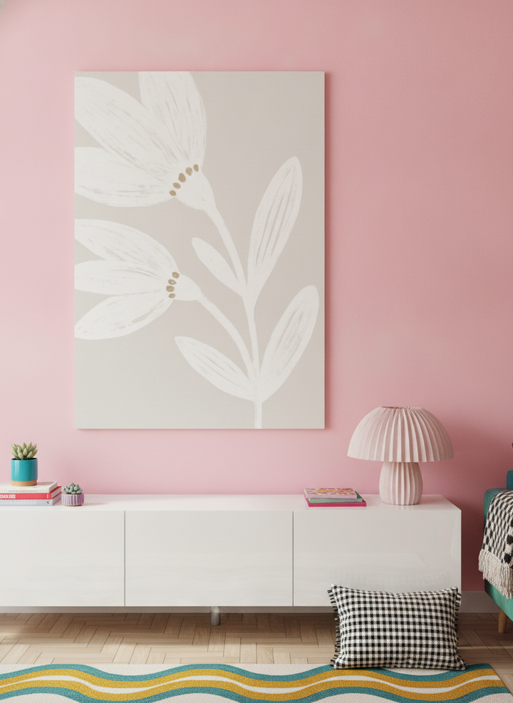 Stretched canvas wall art styled on the wall in a colourful eclectic living room