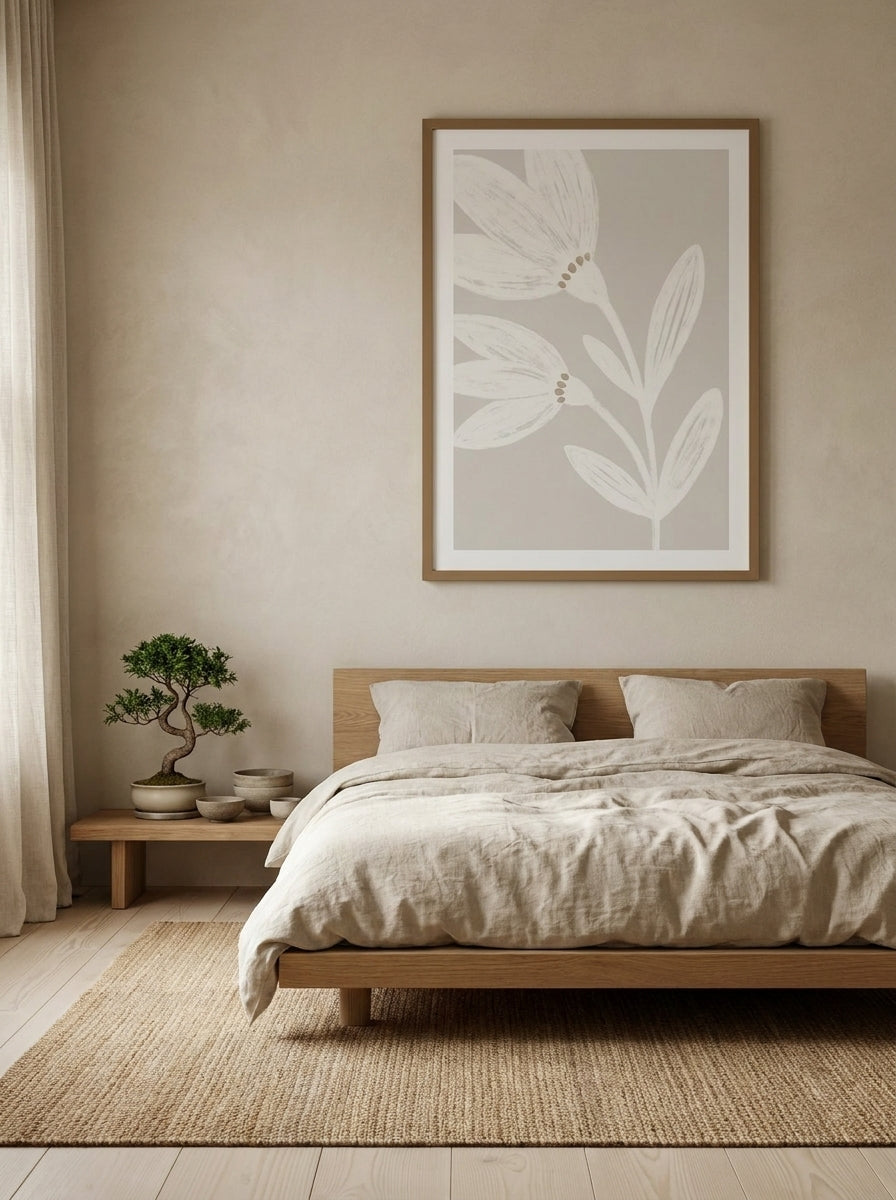 Modern wall art print styled on the wall in a warm Japandi bedroom