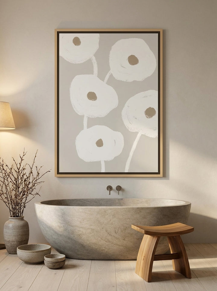 Canvas wall art with a natural timber surround styled on the wall in a warm Japandi bathroom