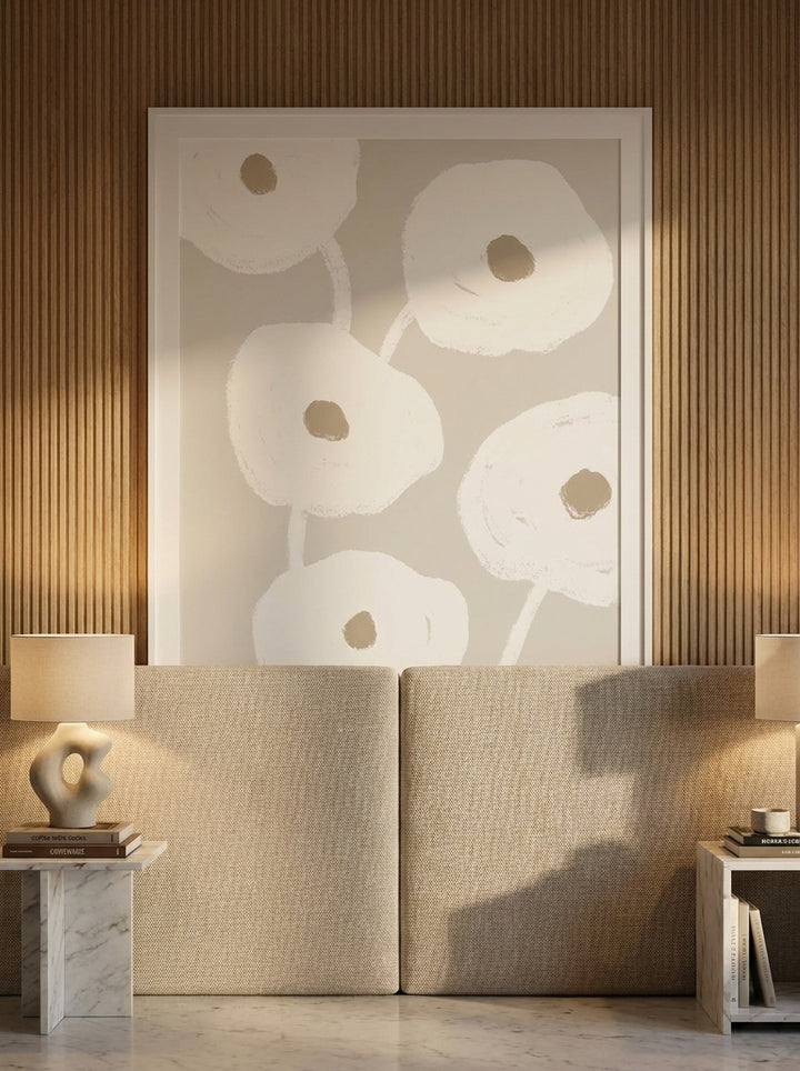 Modern wall art print styled on the wall in a luxe bedroom