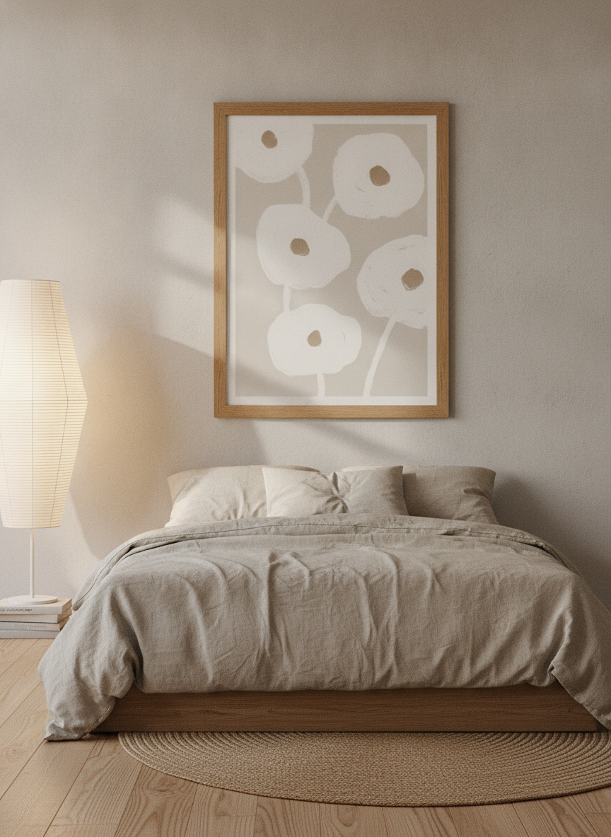 Modern wall art print styled on the wall in a warm Japandi bedroom