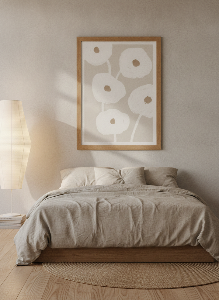 Modern wall art print styled on the wall in a warm Japandi bedroom