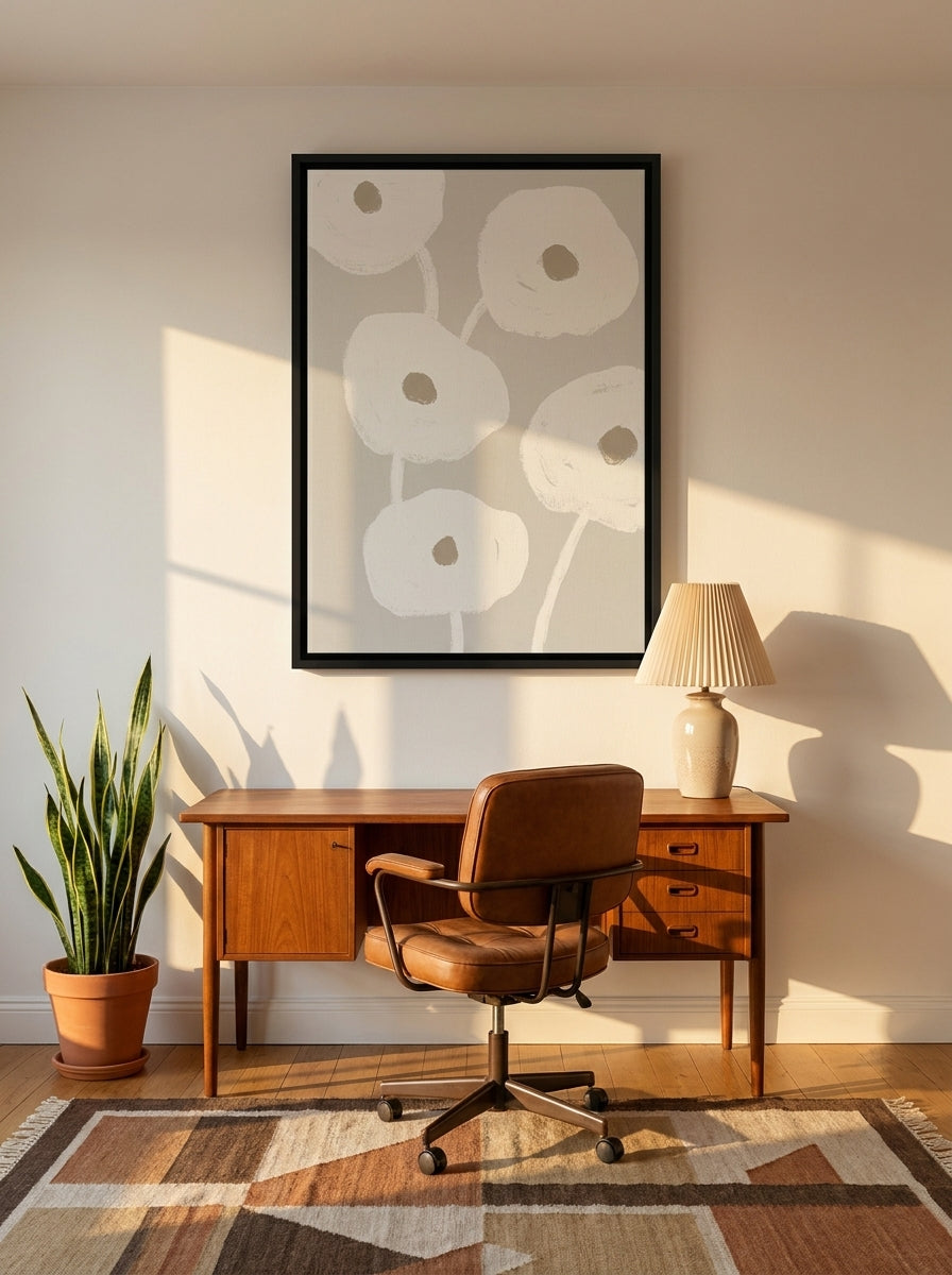 Canvas wall art with a black surround styled on the wall in a mid-century home office