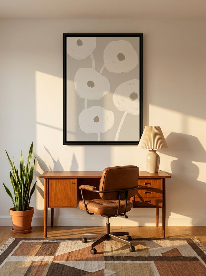 Canvas wall art with a black surround styled on the wall in a mid-century home office