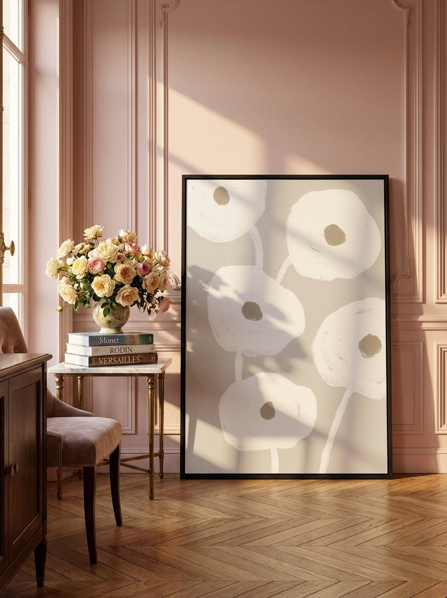 Oversized statement modern wall art print leaning against the wall in a Parisian dining room