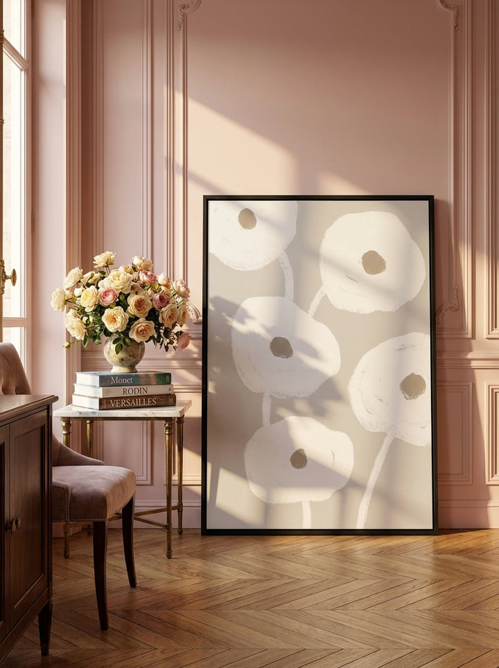 Oversized statement modern wall art print leaning against the wall in a Parisian dining room