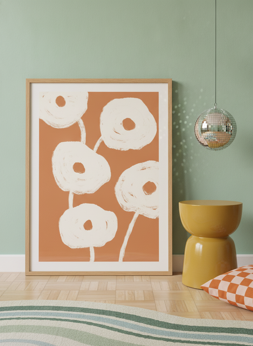 Modern wall art print leaning against the wall in a colourful eclectic home office