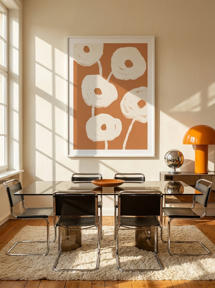 Oversized statement modern wall art print styled on the wall in a retro 70s dining room