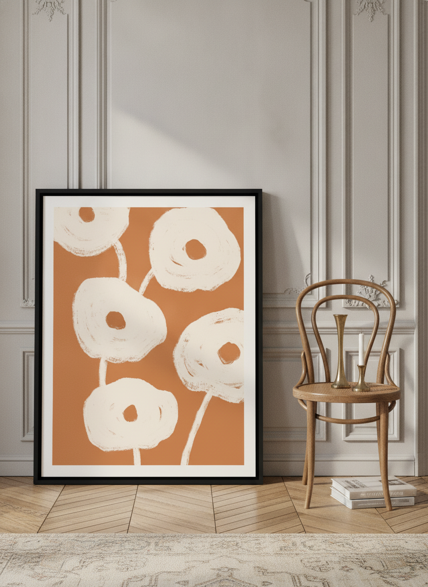 Canvas wall art with a black surround leaning against the wall in a Parisian home office