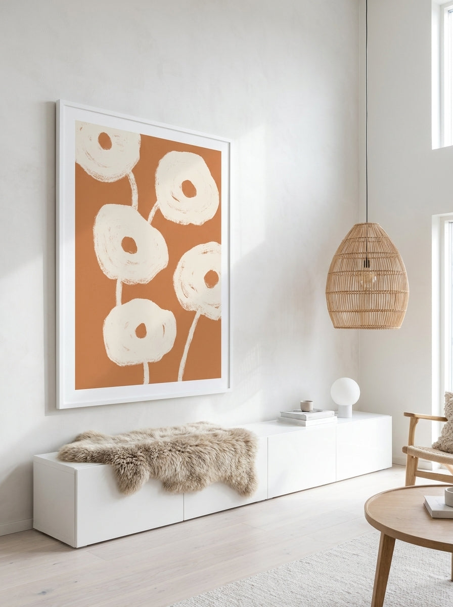 Oversized statement modern wall art print styled on the wall in a bright Scandinavian living room