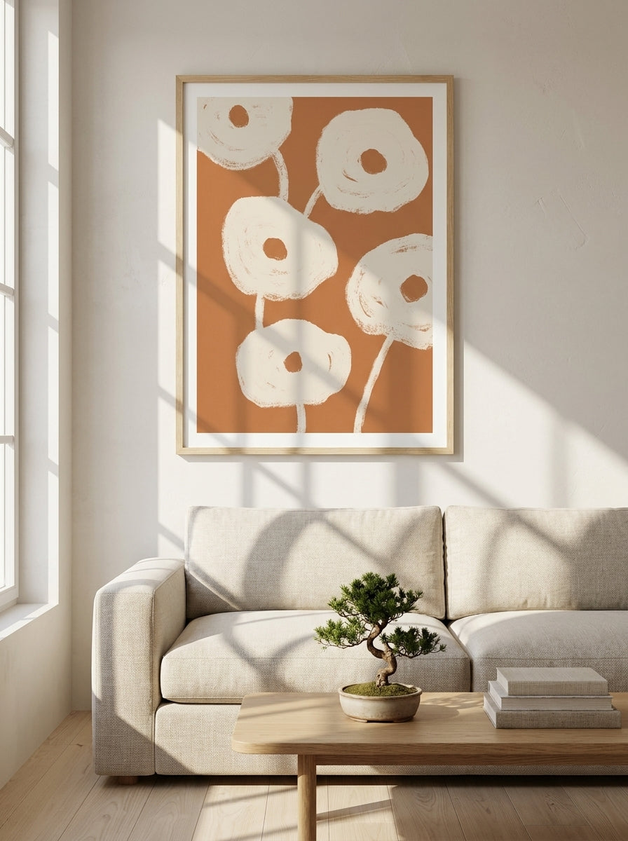 Modern wall art print styled on the wall in a warm Japandi living room