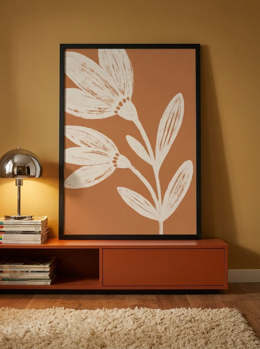 Modern wall art print standing on a sideboard in a retro 70s home office