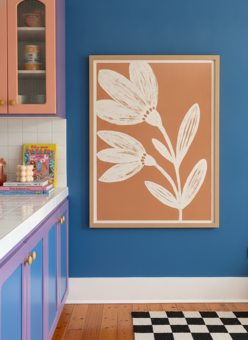 Modern wall art print standing on a kitchen bench in a colourful eclectic kitchen
