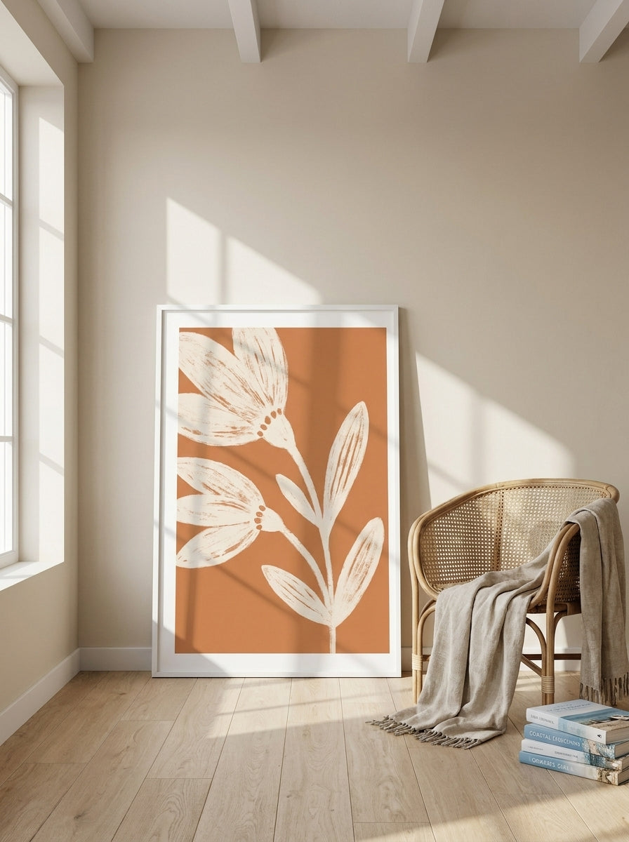 Oversized statement modern wall art print leaning against the wall in a coastal living room