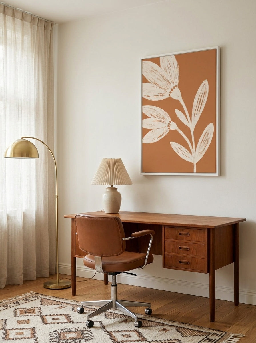 Canvas wall art with a white surround styled on the wall in a mid-century home office