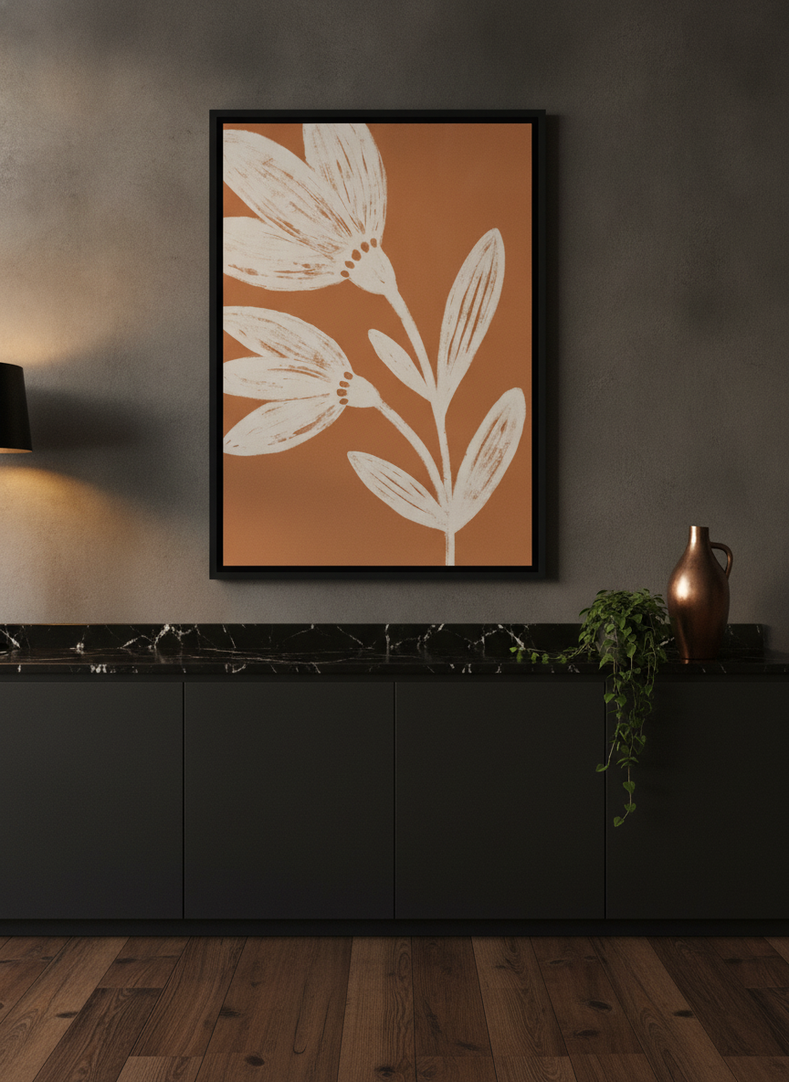 Canvas wall art with a black surround styled on the wall in a moody kitchen