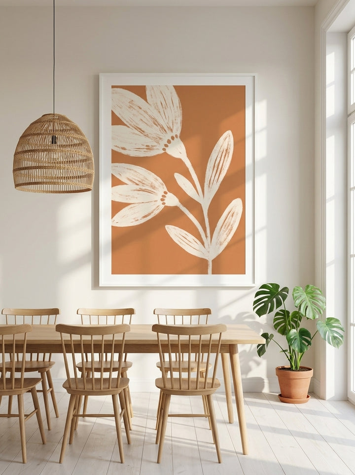 Oversized statement modern wall art print styled on the wall in a bright Scandinavian dining room