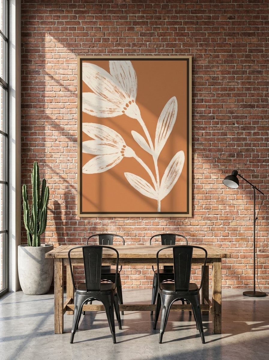 Oversized statement canvas wall art with a natural timber surround styled on the wall in an industrial loft dining room