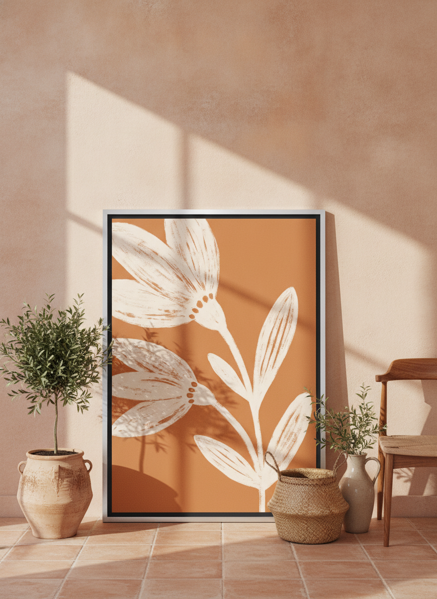 Canvas wall art with a silver leaf surround leaning against the wall in a Mediterranean bedroom