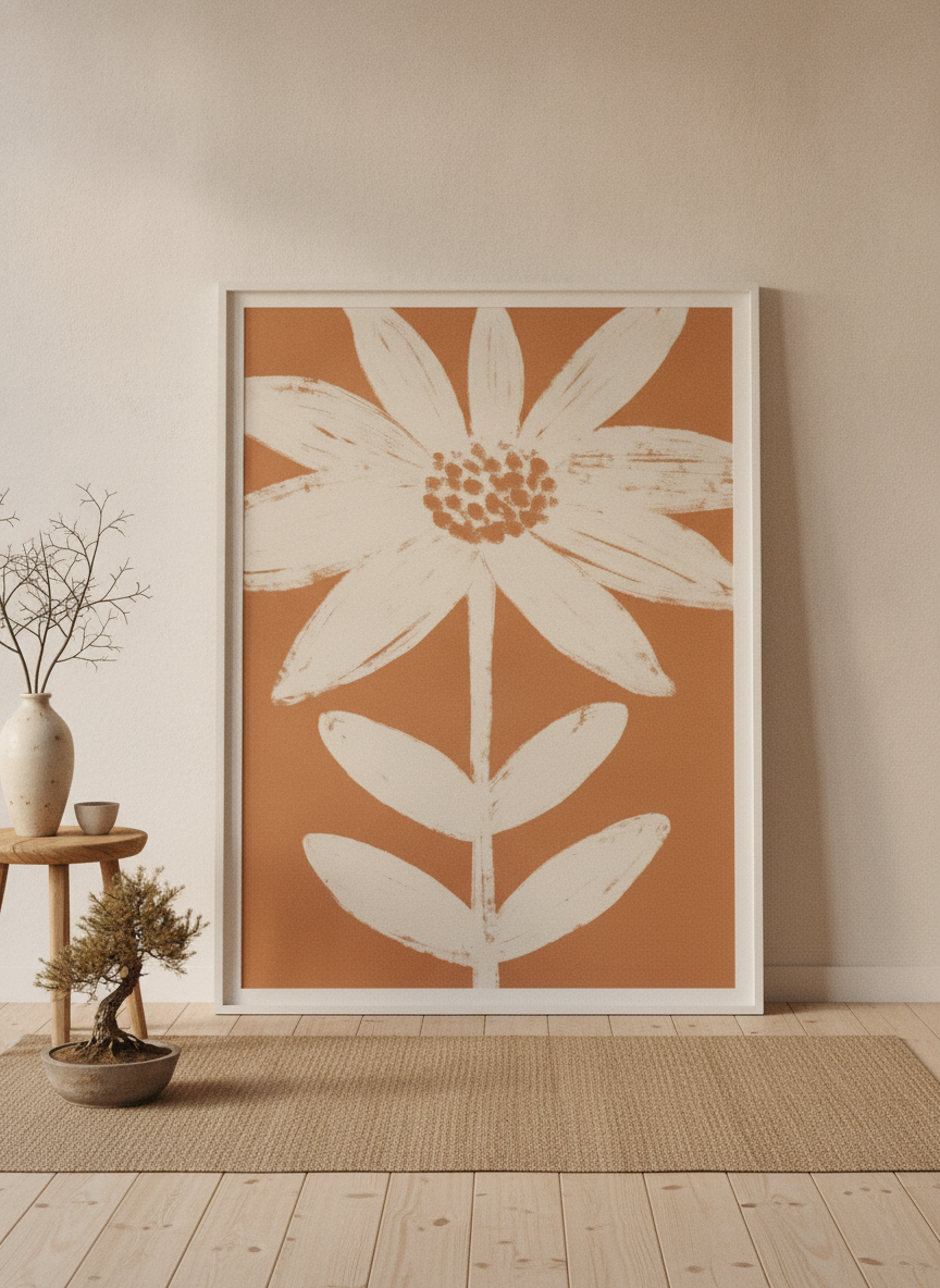 Oversized statement modern wall art print leaning against the wall in a warm Japandi dining room