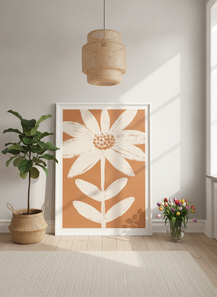 Oversized statement modern wall art print leaning against the wall in a bright Scandinavian living room