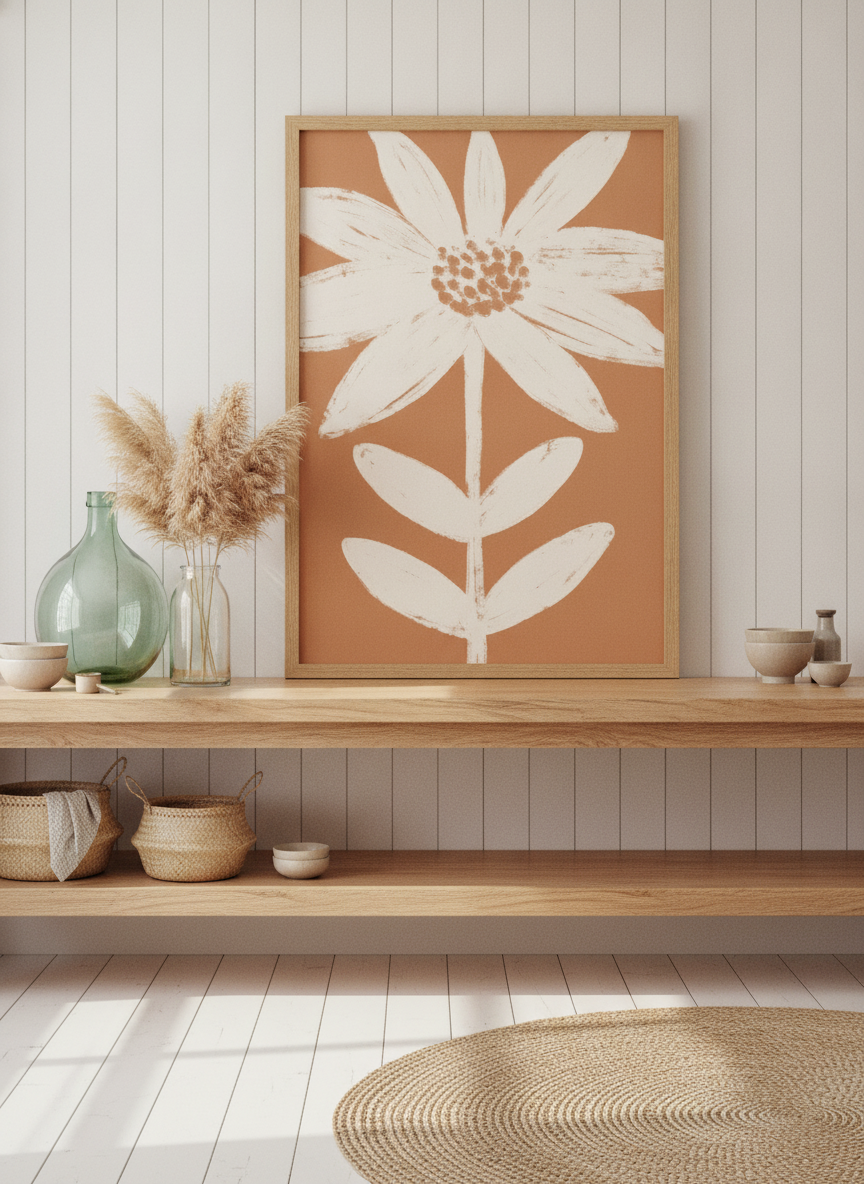 Modern wall art print standing on a kitchen bench in a coastal kitchen