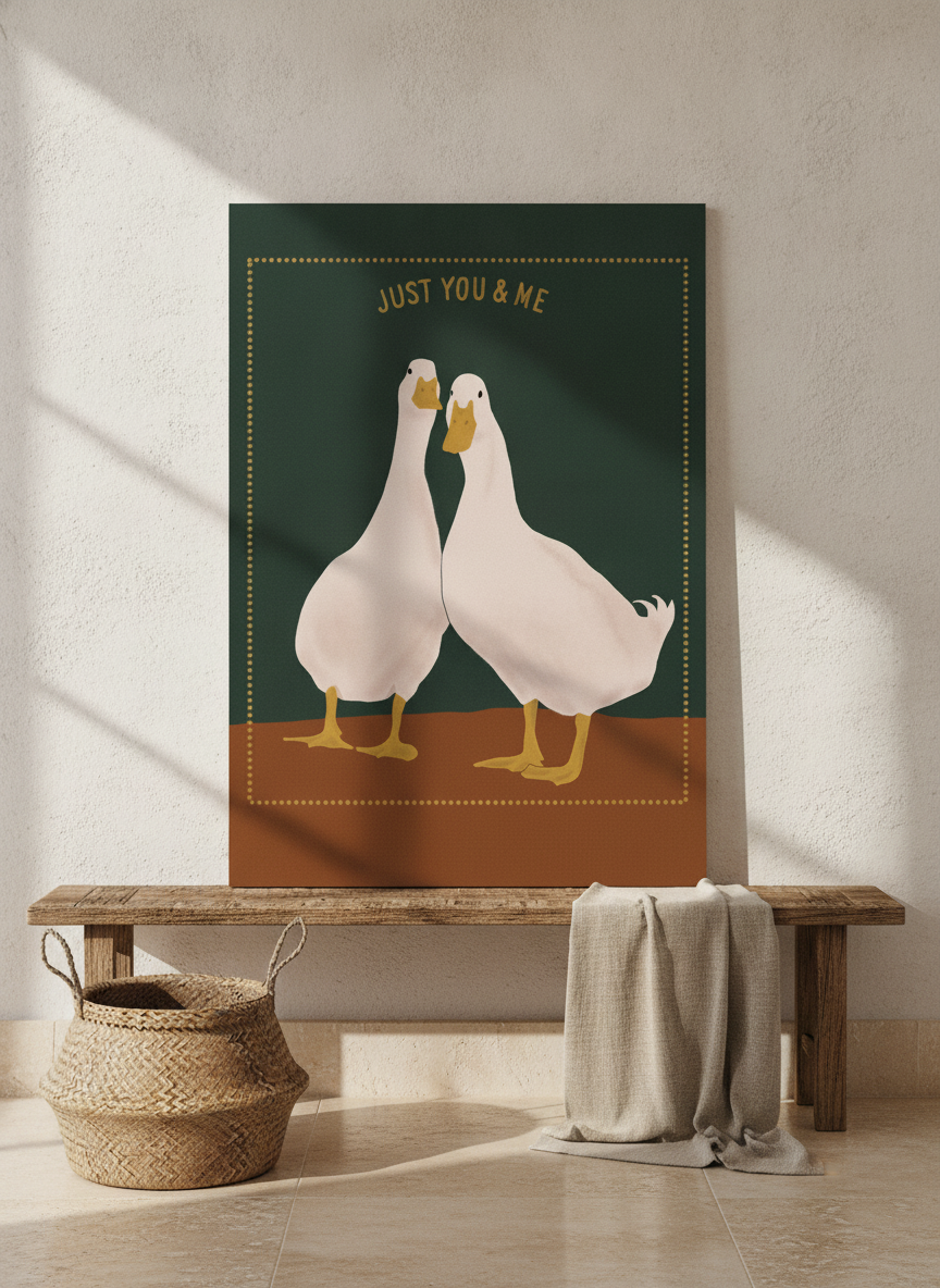 Stretched canvas wall art standing on a bench in a Mediterranean bedroom