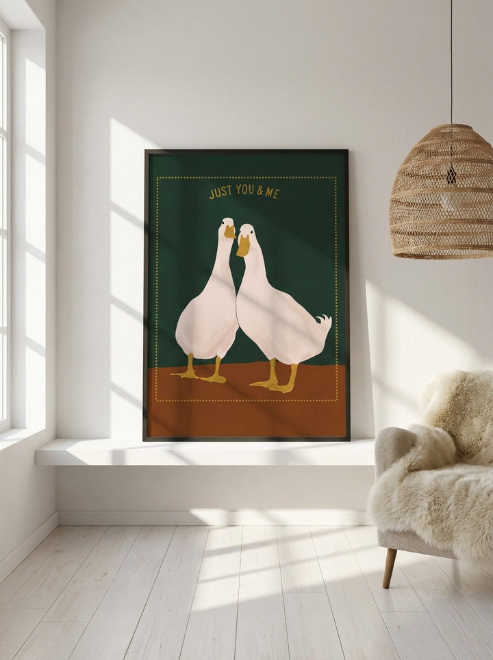Modern wall art print standing on a shelf in a bright Scandinavian bedroom