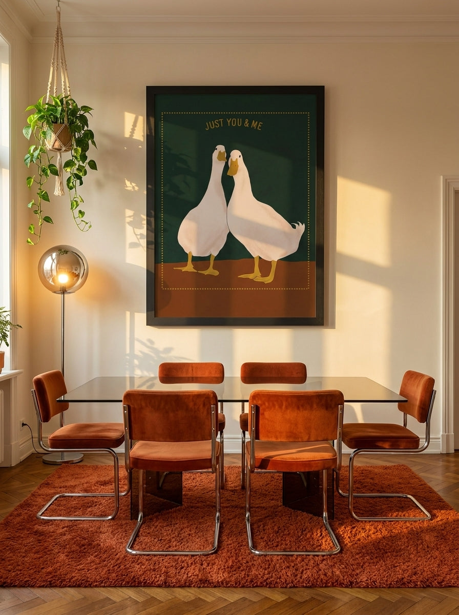 Oversized statement modern wall art print styled on the wall in a retro 70s dining room
