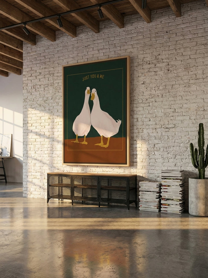 Oversized statement canvas wall art with a natural timber surround styled on the wall in an industrial loft living room