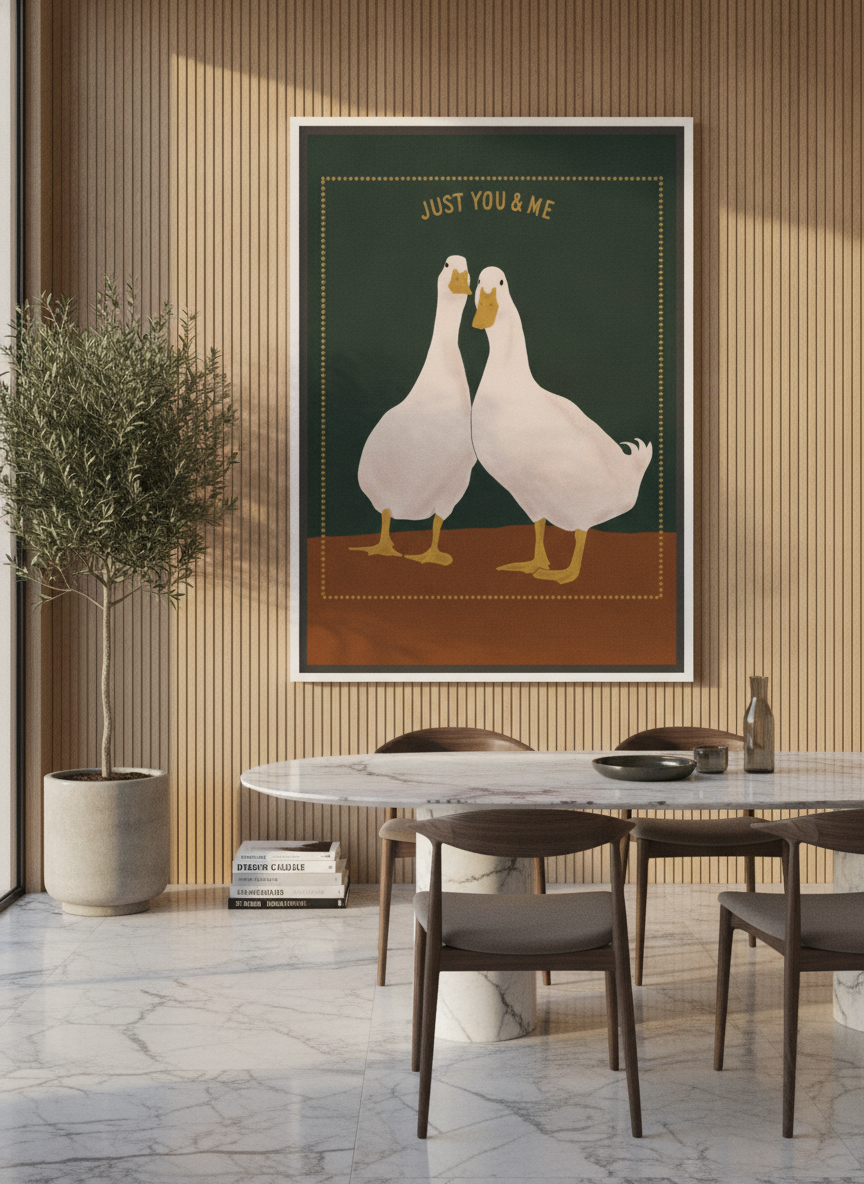 Oversized statement canvas wall art with a white surround styled on the wall in a luxe dining room