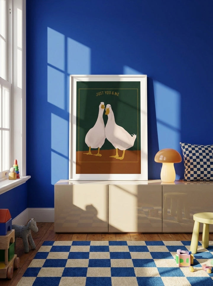 Modern wall art print standing on a sideboard in a colourful eclectic nursery