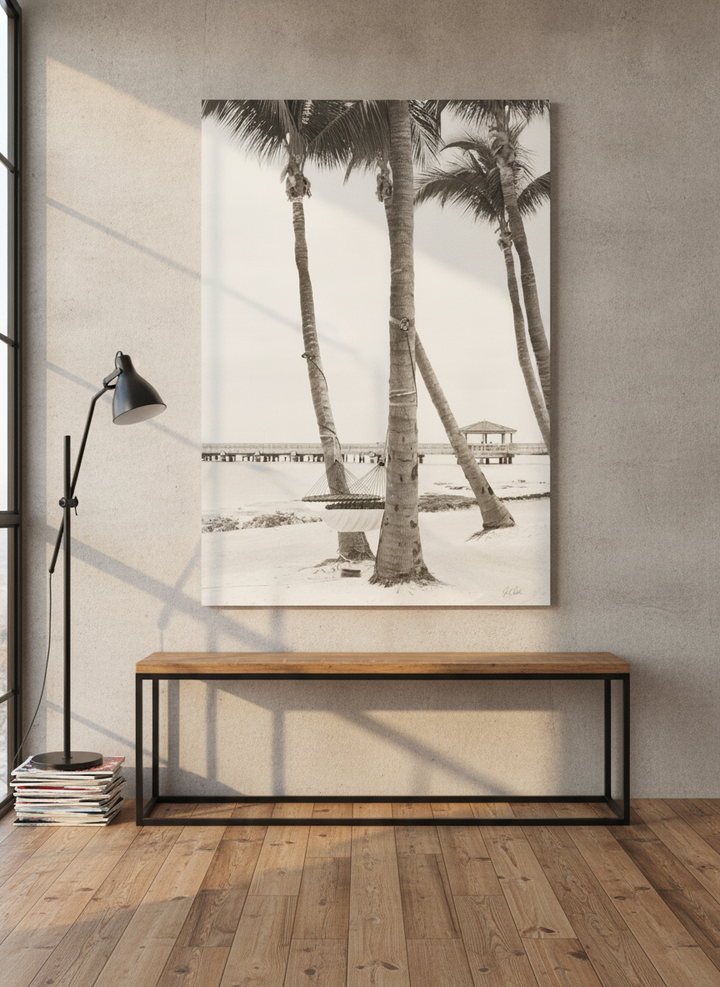 Stretched canvas wall art styled on the wall in an industrial loft living room