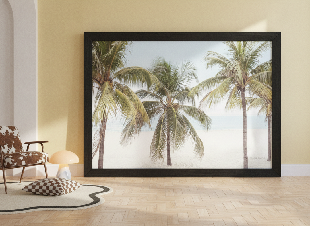 Oversized statement modern wall art print leaning against the wall in a colourful eclectic dining room