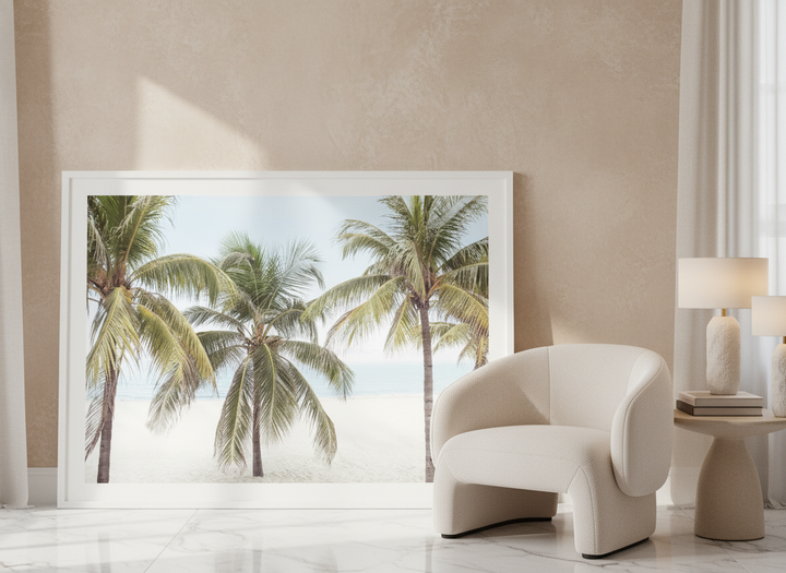 Modern wall art print leaning against the wall in a luxe home office