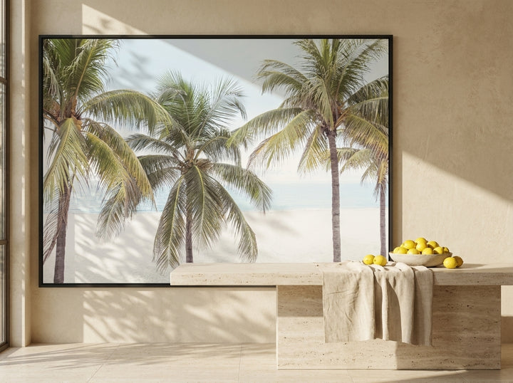 Oversized statement modern wall art print styled on the wall in a Mediterranean living room