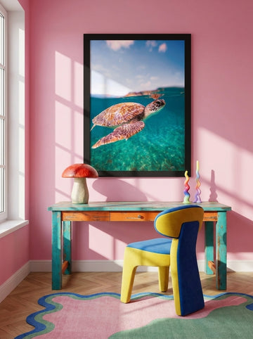 Modern wall art print styled on the wall in a colourful eclectic home office