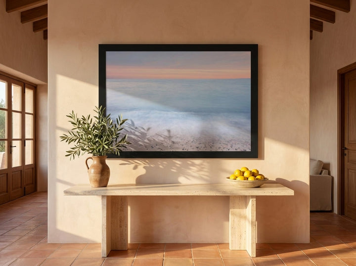 Oversized statement modern wall art print styled on the wall in a Mediterranean living room