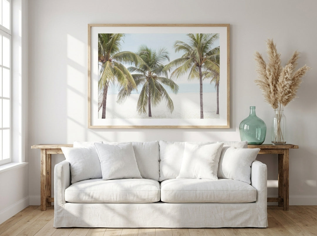 Modern wall art print styled on the wall in a coastal living room