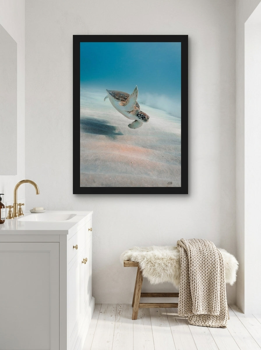 Modern wall art print styled on the wall in a bright Scandinavian bathroom