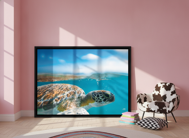 Oversized statement canvas wall art with a black surround leaning against the wall in a colourful eclectic living room