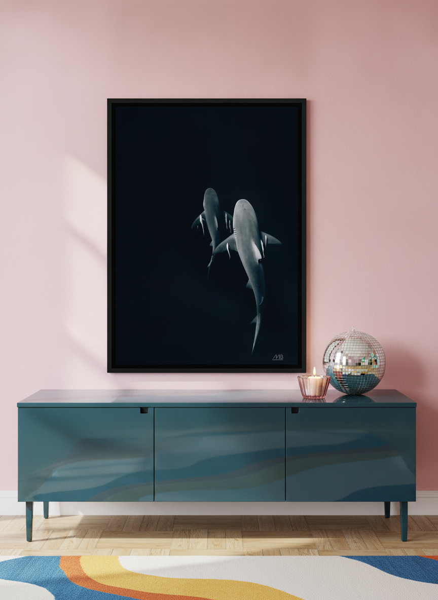 Canvas wall art with a black surround standing on a sideboard in a colourful eclectic dining room