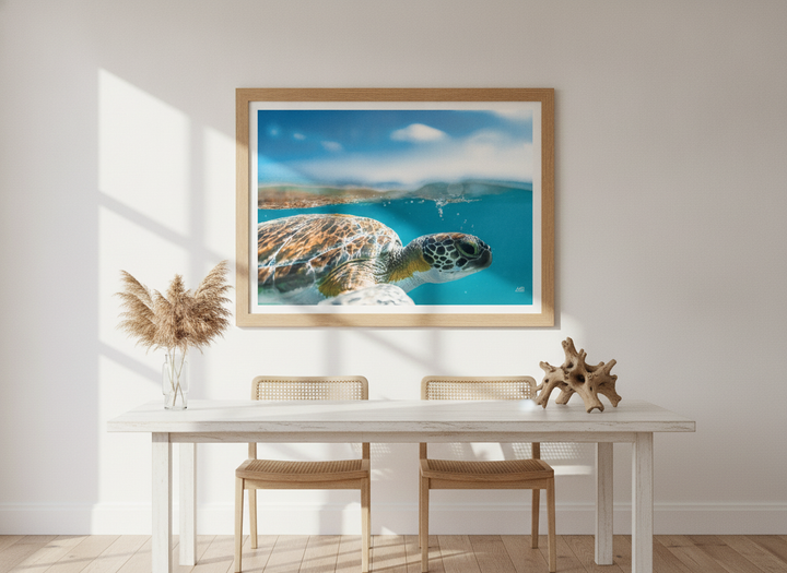 Modern wall art print styled on the wall in a coastal dining room