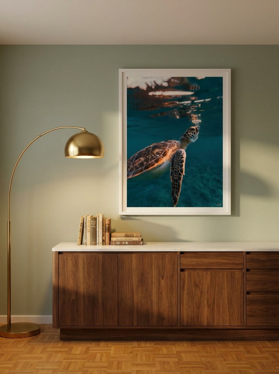 Modern wall art print styled on the wall in a mid-century kitchen
