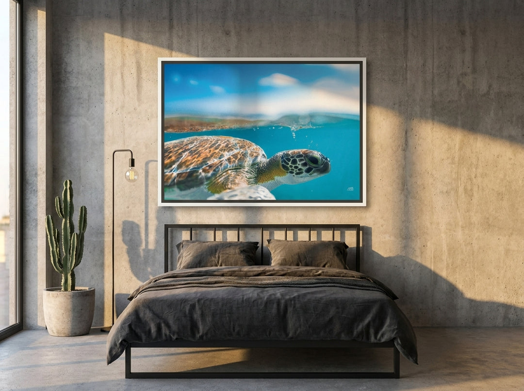 Canvas wall art with a white surround styled on the wall in an industrial loft bedroom