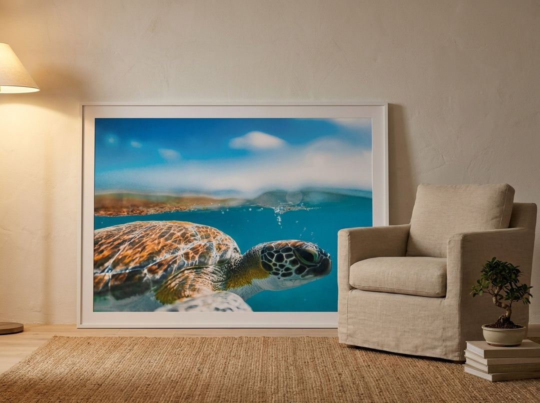 Oversized statement modern wall art print leaning against the wall in a warm Japandi living room